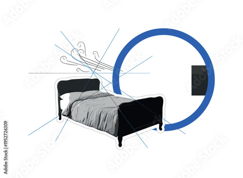 black and white vintage bed with thick blanket as central object, oversized composition, intersecting thin lines representing chilly air, large cobalt blue