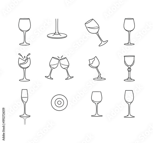 Wine Glass Stem. Minimalistic set one-line drawing [classic wine glass with long stem, wine glass base detail, tilted wine glass, empty wine glass silhouette,