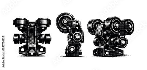 Roller coaster wheel assembly A realistic roller coaster wheel bogie with running wheels, side friction wheels, and mounting bracket, shown in three views