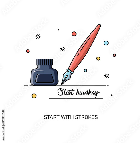 Learning the basics of calligraphy centered on a classic dip pen resting beside a small ink bottle and a neatly written practice line, expressing patience and