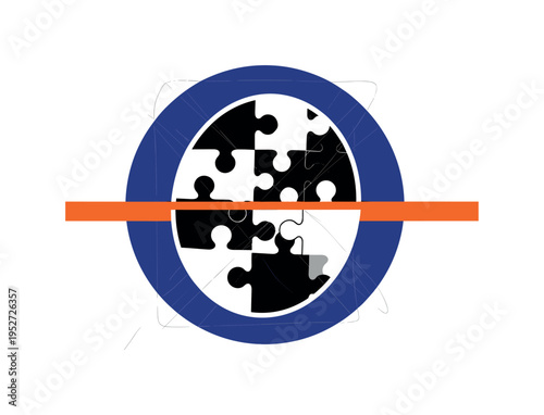 Black and white puzzle pieces fitting together to complete a circle, bold deep blue circular halo reinforcing cohesion, bright orange horizontal bar dividing