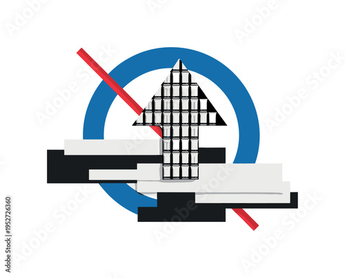 Black and white upward arrow formed from stacked product units, oversized blue circular frame partially enclosing the arrow, thin red diagonal stripe slicing