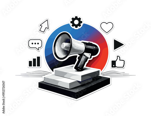 Black and white close-up of a megaphone placed on an abstract pedestal of overlapping rectangles, vibrant blue to red flat gradient circle behind it