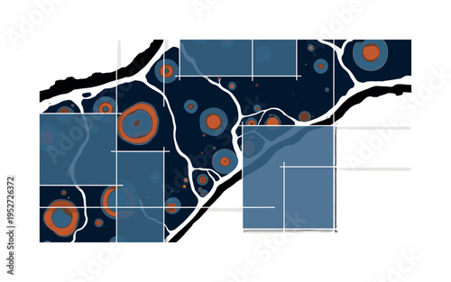 A monochrome satellite-style view of water body with abstract circular bloom patches, intersected by flat rectangular shapes representing monitoring zones,