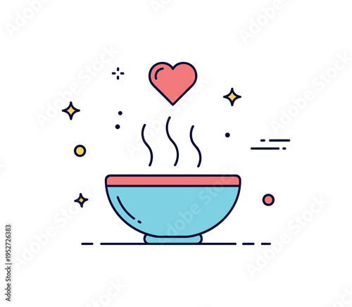 Comfort food craving theme featuring a warm bowl with rising steam and a subtle heart icon above, expressing satisfaction and emotional connection to meals.
