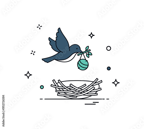 Bird carrying twig for nest depicted by a flying silhouette holding a small branch above a simple nest outline, symbolizing dedication and