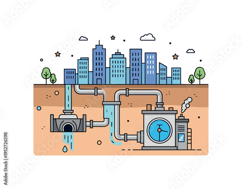 Public sanitation infrastructure scene showing a simplified city skyline above underground pipes flowing toward a treatment unit, expressing coordinated urban