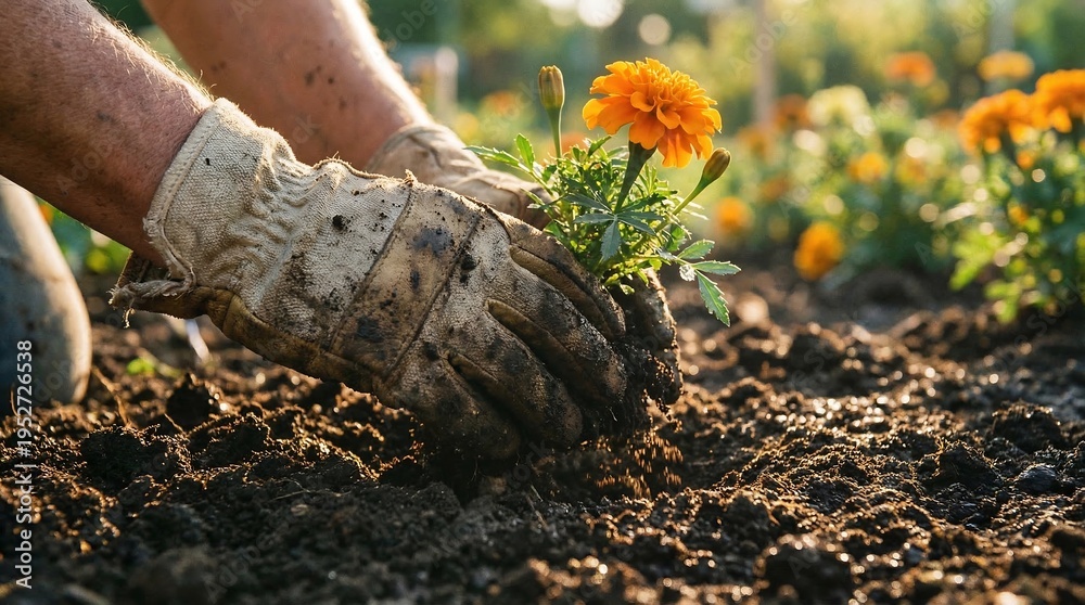 Obraz premium Close-up of Dirty Gardening Gloves Holding a Fresh Marigold Flower Seedling