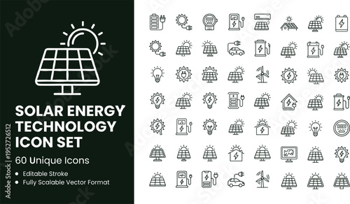 Solar energy technology line icon set with photovoltaic panels renewable electricity systems and sustainable power symbols