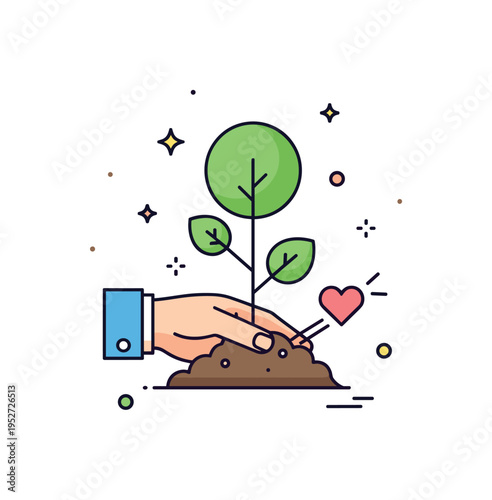 Community tree planting initiative centered on a hand placing a small tree into soil with subtle heart accent, symbolizing collective action, responsibility,