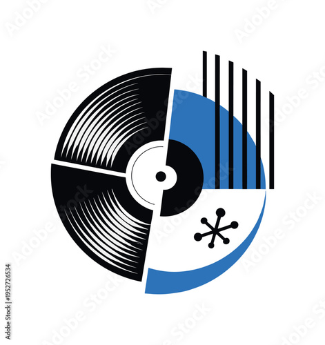 Classic monochrome vinyl record partially sliced and overlapped with blue semicircle and vertical black lines, small abstract cultural symbol placed