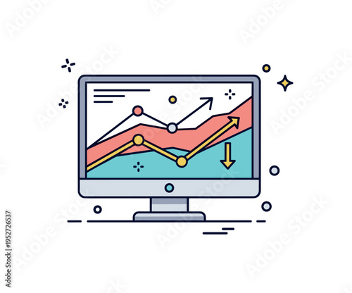 Market trend analysis scene represented by a monitor displaying layered line graphs with subtle upward and downward arrows, expressing volatility monitoring