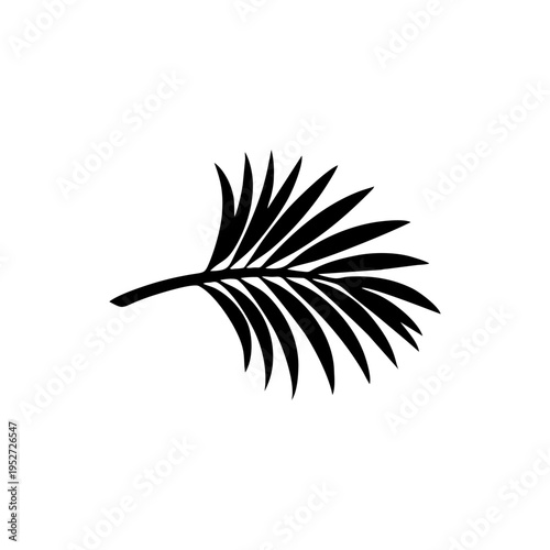 Black silhouette of a single palm leaf or fern frond on a white background, a simple graphic illustration.