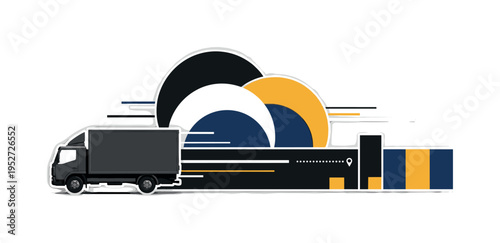 Monochrome delivery truck moving forward, bold abstract semicircles behind indicating momentum, flat geometric blocks shaping a digital horizon, thin linear