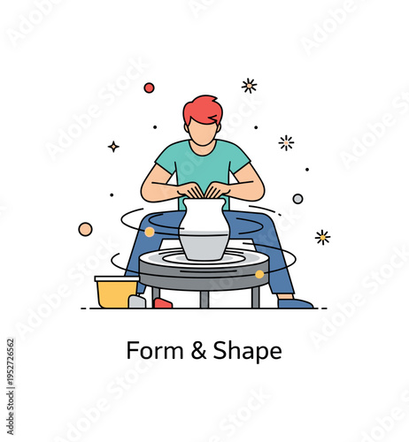 Pottery class illustration with a potter concentrating on a wheel with soft spinning lines around the clay. Tiny decorative dots and a concise ?Form & Shape?