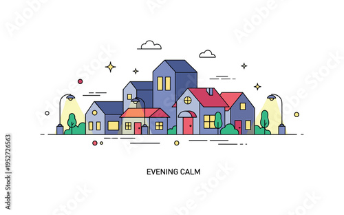 Nighttime neighborhood scene featuring softly lit houses along a quiet street with small streetlamp icons, symbolizing safety and calm living. A concise