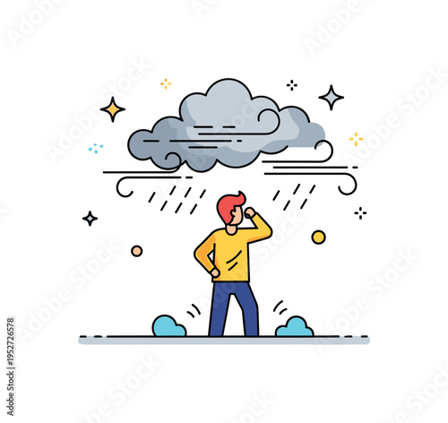 Someone standing in a storm with strong winds and rain, facing challenges head-on with a determined posture, symbolizing resilience and courage. Minimalist