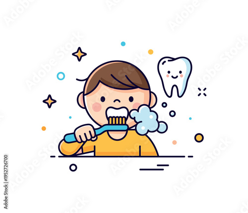 Brushing teeth children dental care concept featuring a small child figure brushing with visible foam bubbles and a friendly tooth icon nearby. A cheerful and