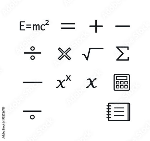 Formula. Line icon set of Formula: mathematical formula, equals sign, plus minus symbols, division symbol, multiplication symbol, square root, summation sign,