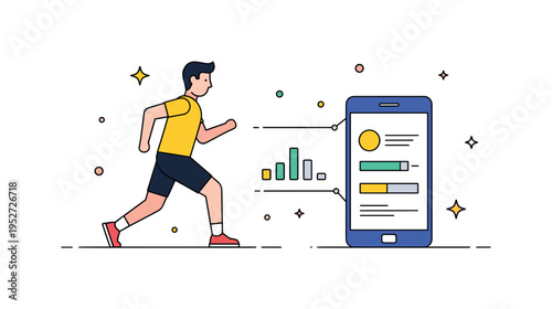 Fitness app guided jogging in place shown by a runner with a small smartphone icon displaying progress bars, representing digital coaching and measurable