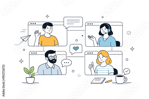Video conferencing platforms. People joining a virtual meeting through connected screens, exchanging messages and gestures calmly. A clean editorial scene
