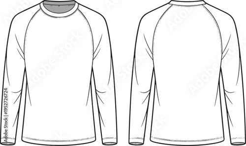 White long sleeve raglan t-shirt presented from front and back views on a white background with subtle stitching details