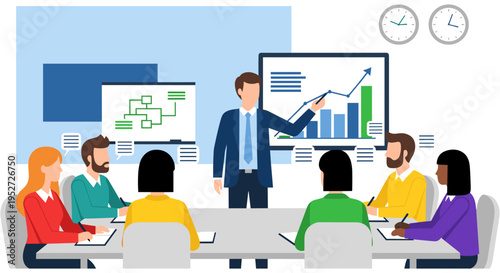Businessman presenting data on screen to diverse team in professional meeting setting with white background for corporate branding