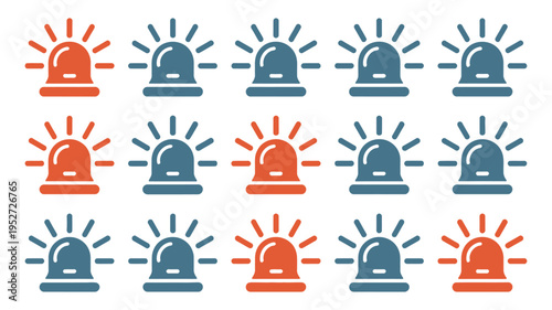 Emergency siren light icon set, colorful flat vector illustrations arranged in rows, simple minimalist style ideal for alarms, warning notifications, safety designs, and digital or print emergency 