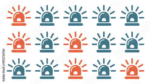 Emergency siren light icons in a variety of vibrant colors, arranged in rows, featuring minimalist flat vector illustration style, perfect for alarm notifications, safety apps, alert systems, and 
