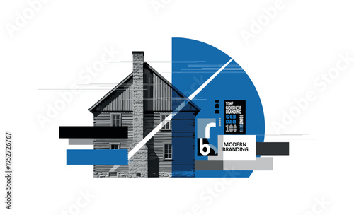 Monochrome side view of a rustic wooden farmhouse with visible planks and chimney, intersected by a large blue semicircle and abstract rectangular blocks,