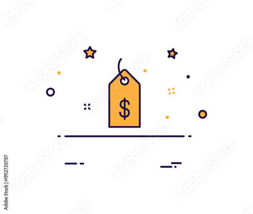 Market equilibrium stable pricing badge featuring a price tag icon aligned perfectly beneath a horizontal balance line. The composition expresses fairness,