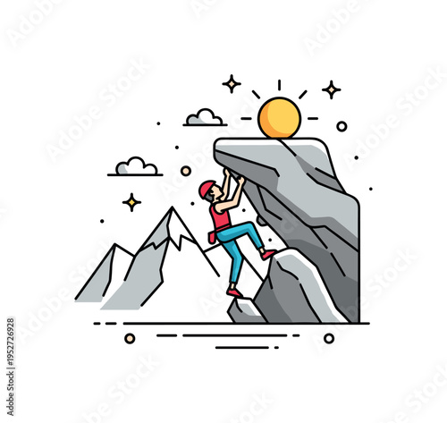 Outdoor boulder adventure climber scaling a natural rock formation with minimal mountain silhouette behind, subtle sun icon emphasizing open air freedom. A
