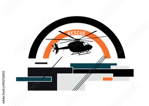 Black and white helicopter silhouette hovering above, bold geometric arcs representing rotor motion, flat abstract blocks shaping a simplified landscape below,