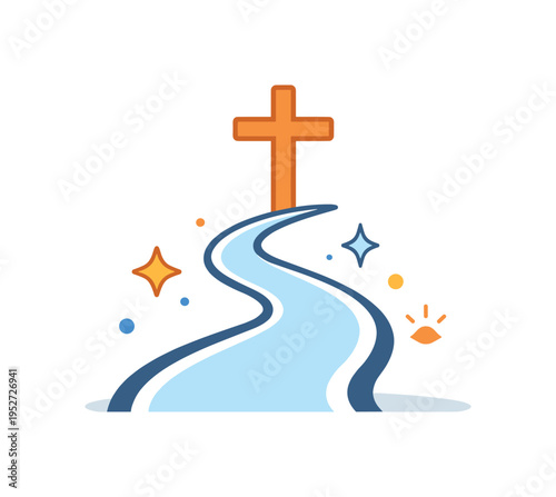 Trust in God?s plan represented by a simple cross above a winding path with small stars and light accents guiding the way forward. The illustration captures