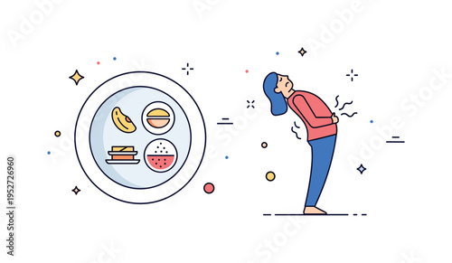 Overeating discomfort concept built around a plate with small portion icons and a figure leaning back while holding their stomach, expressing fullness and
