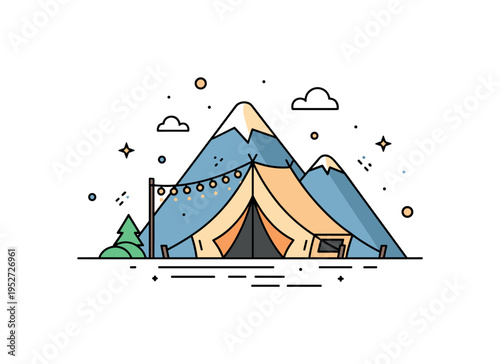 Luxury camping retreat centered on a modern safari tent with soft string lights and a small mountain silhouette behind it to convey elevated outdoor