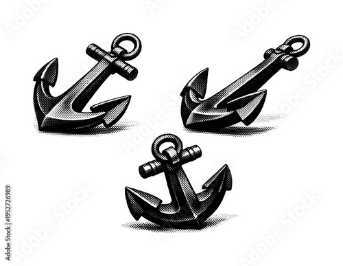 Anchor angled orientation. A realistic anchor is presented as one object shown in three angled views emphasizing overall volume, mass distribution, and
