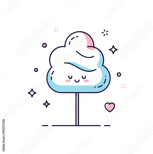 Cotton candy delight fluffy cotton candy on a stick with soft rounded cloud shape and gentle pastel accents. A playful compact illustration celebrating
