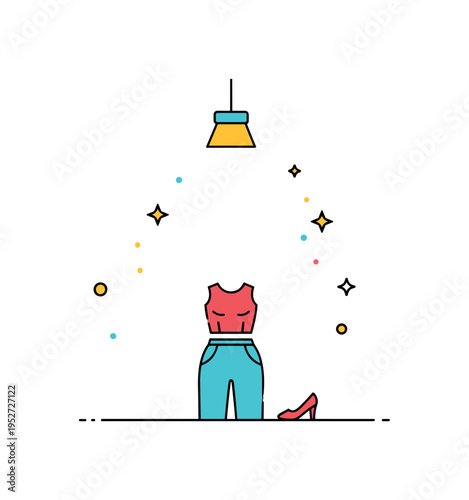 Runway fashion concept represented by a stylized outfit silhouette under a minimal spotlight beam. The composition communicates presentation, confidence, and