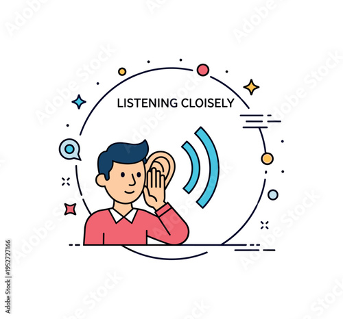 Listening closely illustration featuring a small figure cupping a hand to the ear with gentle curved sound waves approaching, symbolizing curiosity,