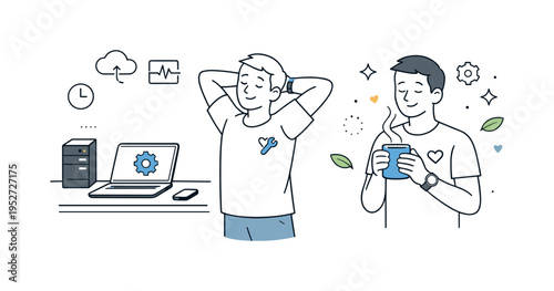 DevOps on-call burnout recovery break. A DevOps engineer stepping away from the desk, stretching or holding a warm drink, expressing pause and recovery. Calm