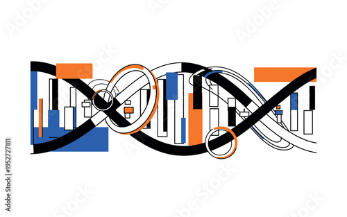 Black and white DNA helix simplified into bold graphic lines, sharp angular blocks and concentric rings suggesting cyber enhancement, cobalt blue and bright