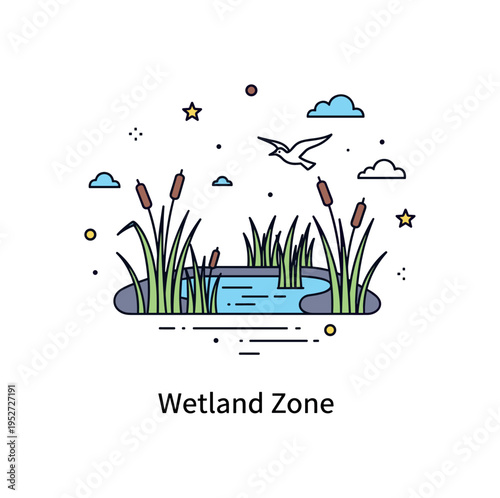 Landscapes and habitats wetland marsh concept featuring a small water pool surrounded by reeds and a simple bird silhouette, representing