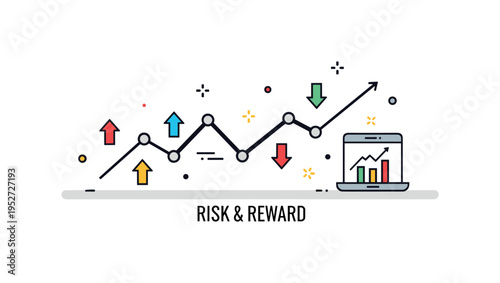 Market volatility scene featuring a zigzag line chart with small arrow indicators pointing both upward and downward. A compact ?Risk & Reward? text detail