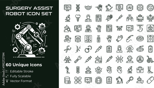 Surgery assist robot line icon set with medical robotics surgical automation hospital technology and healthcare operation symbols