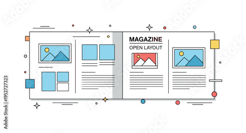 Magazine open layout concept shown as two wide pages with simple image placeholders and text lines, expressing design and editorial structure. The compact icon