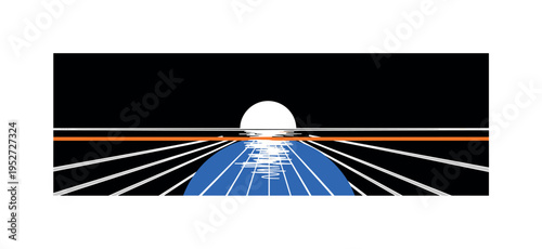 Black and white calm ocean line with sun lifting above water surface, bright electric blue semicircle anchoring the lower half like stylized sea, thin orange