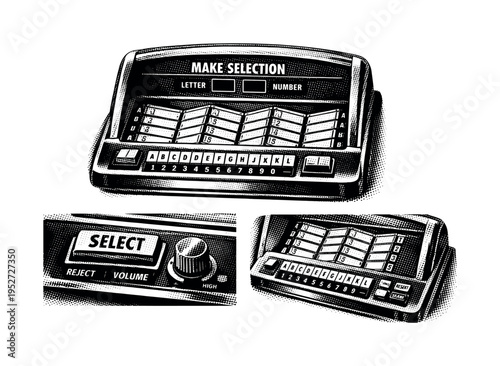 Jukebox control and selection area. A realistic jukebox represented as a single object in three different views, concentrating on buttons, selection panel
