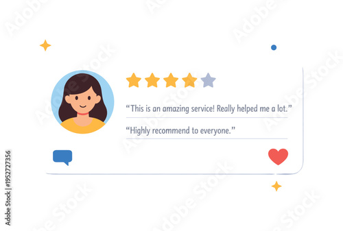 Landing page components illustrated by a testimonial block with avatar stars and short quote lines, suggesting trust social proof and user credibility.