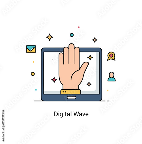 Virtual greeting concept shown through a raised hand icon displayed on a tablet screen with small sparkle accents. A compact ?Digital Wave? caption emphasizes